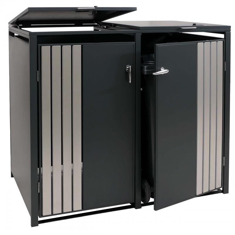 2er-Mlltonnenverkleidung HWC-O67, Mlltonnenbox mit Deckel, Metall 122x132x84cm 53kg ~ anthrazit Edelstahl