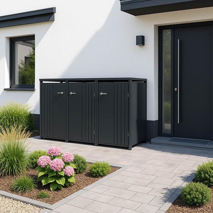 3er-Mlltonnenverkleidung HWC-O67, Mlltonnenbox mit Deckel, Metall 122x200x84cm 83kg ~ anthrazit