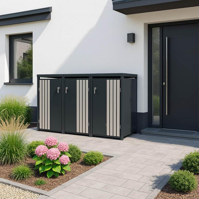 3er-Mlltonnenverkleidung HWC-O67, Mlltonnenbox mit Deckel, Metall 122x200x84cm 83kg ~ anthrazit Holzoptik hell