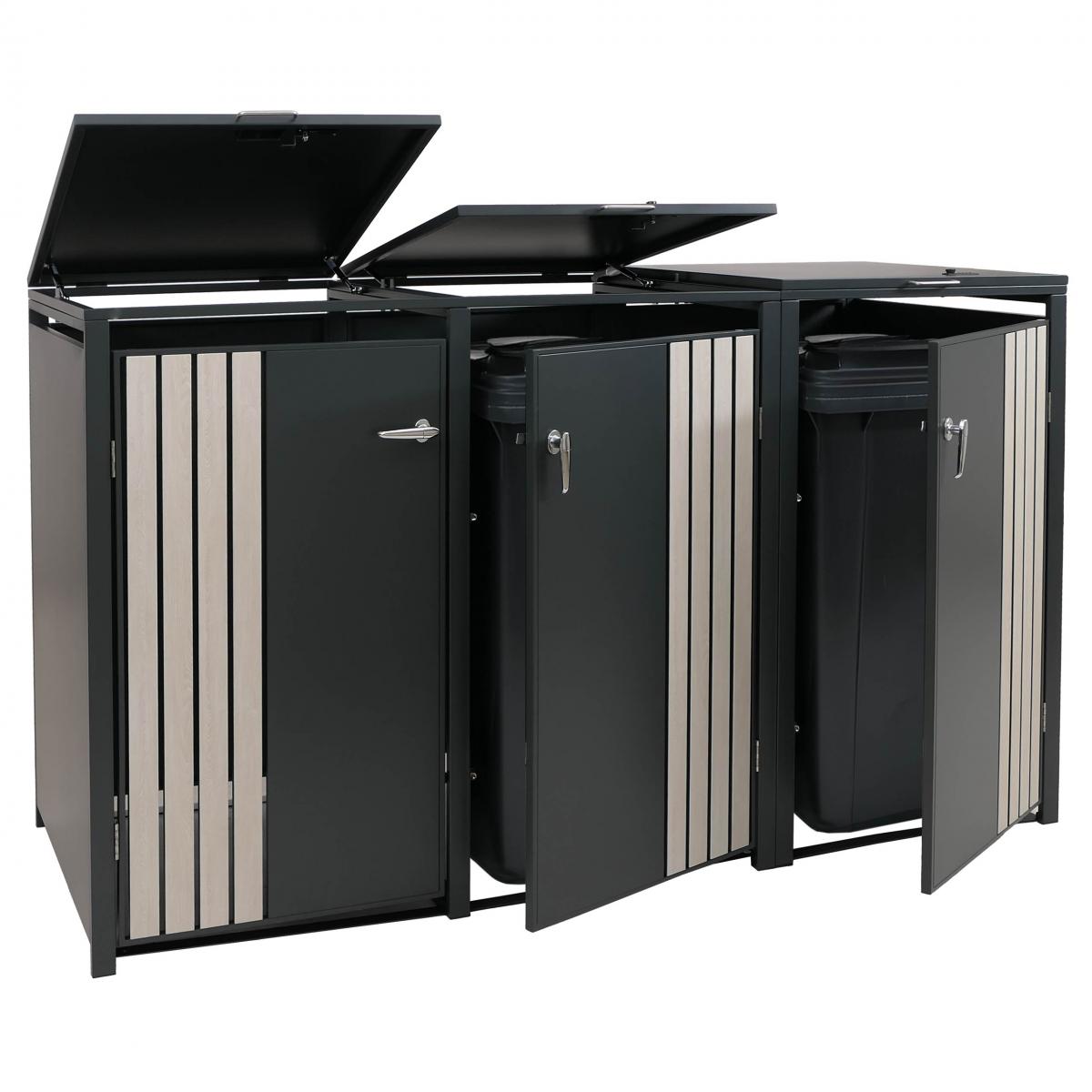 3er-Mlltonnenverkleidung HWC-O67, Mlltonnenbox mit Deckel, Metall 122x200x84cm 83kg ~ anthrazit Holzoptik hell