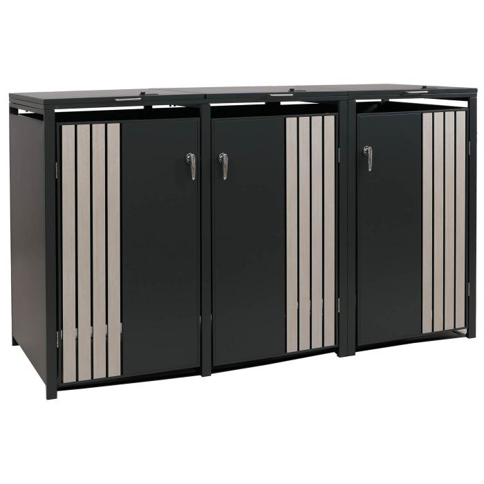 3er-Mlltonnenverkleidung HWC-O67, Mlltonnenbox mit Deckel, Metall 122x200x84cm 83kg ~ anthrazit Holzoptik hell