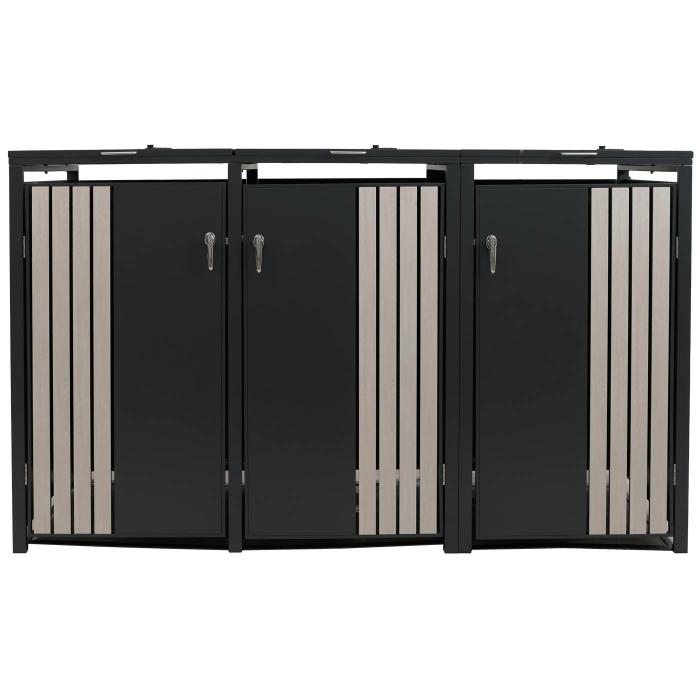 3er-Mlltonnenverkleidung HWC-O67, Mlltonnenbox mit Deckel, Metall 122x200x84cm 83kg ~ anthrazit Holzoptik hell