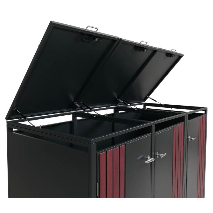 3er-Mlltonnenverkleidung HWC-O67, Mlltonnenbox mit Deckel, Metall 122x200x84cm 83kg ~ anthrazit Holzoptik dunkel