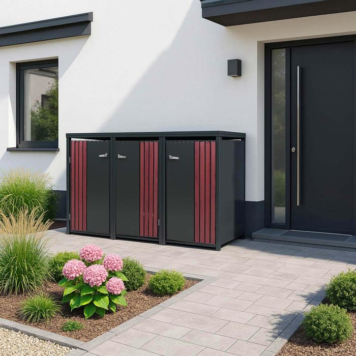3er-Mlltonnenverkleidung HWC-O67, Mlltonnenbox mit Deckel, Metall 122x200x84cm 83kg ~ anthrazit Holzoptik dunkel