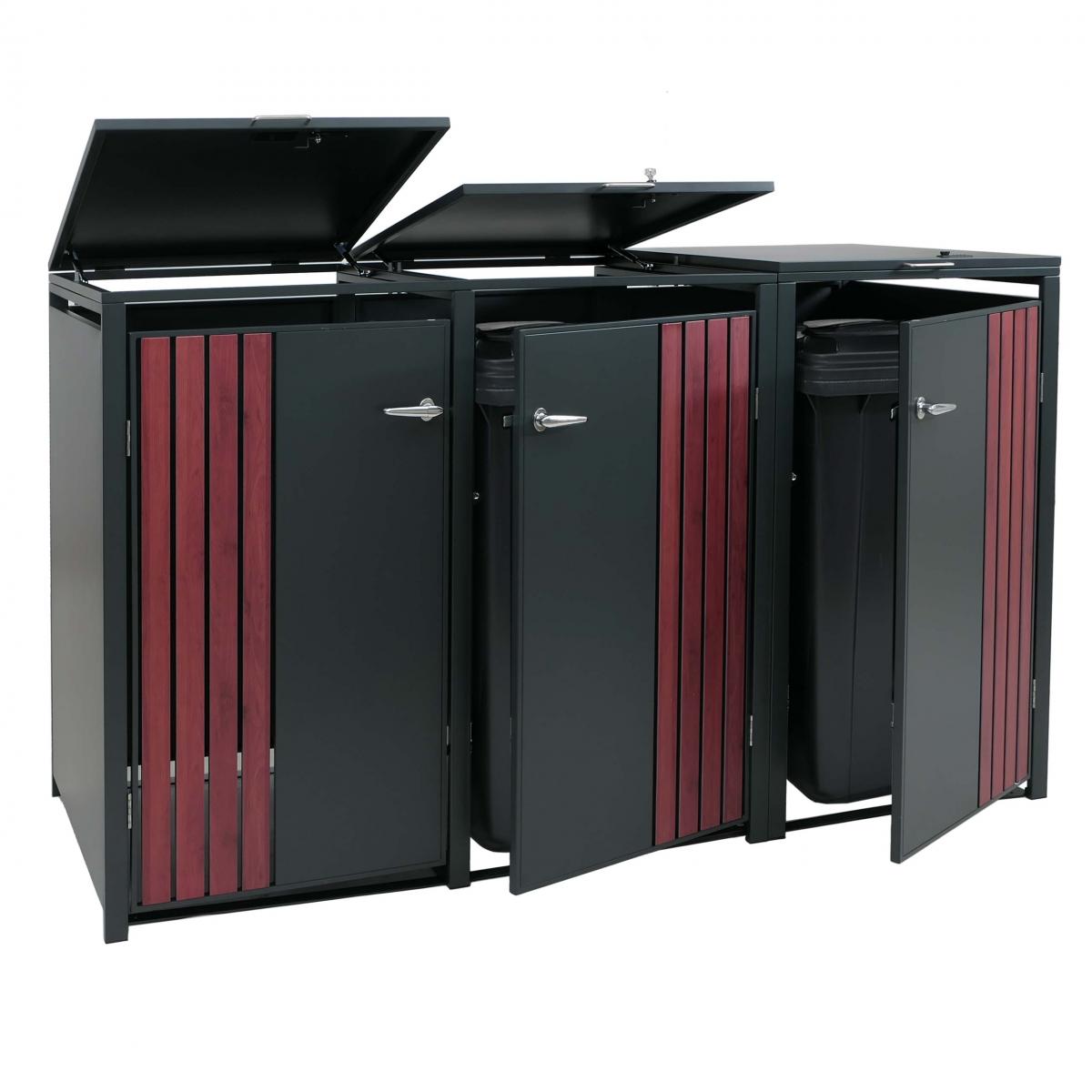 3er-Mlltonnenverkleidung HWC-O67, Mlltonnenbox mit Deckel, Metall 122x200x84cm 83kg ~ anthrazit Holzoptik dunkel