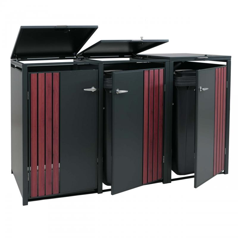 3er-Mlltonnenverkleidung HWC-O67, Mlltonnenbox mit Deckel, Metall 122x200x84cm 83kg ~ anthrazit Holzoptik dunkel