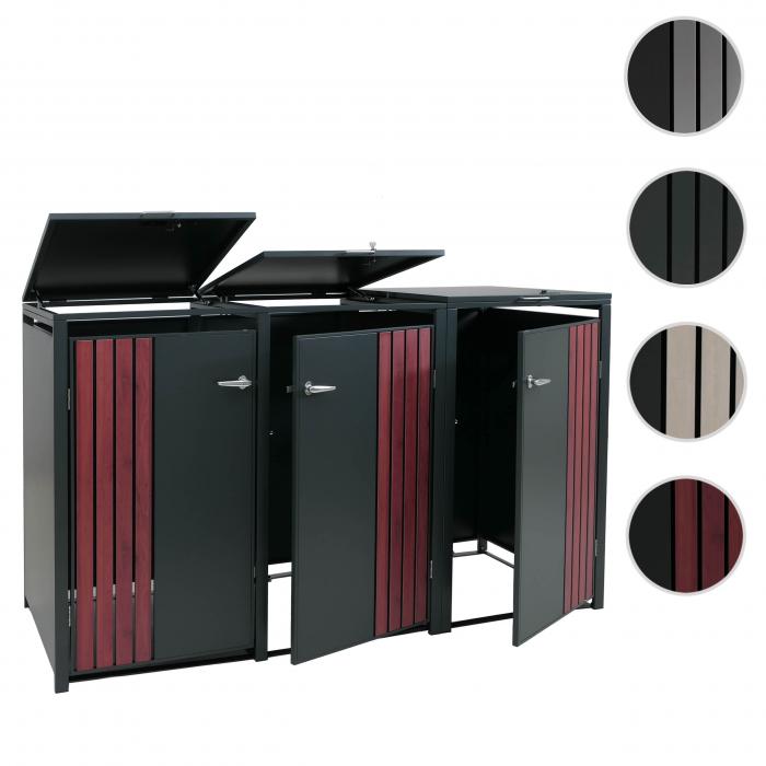3er-Mlltonnenverkleidung HWC-O67, Mlltonnenbox mit Deckel, Metall 122x200x84cm 83kg ~ anthrazit Holzoptik dunkel