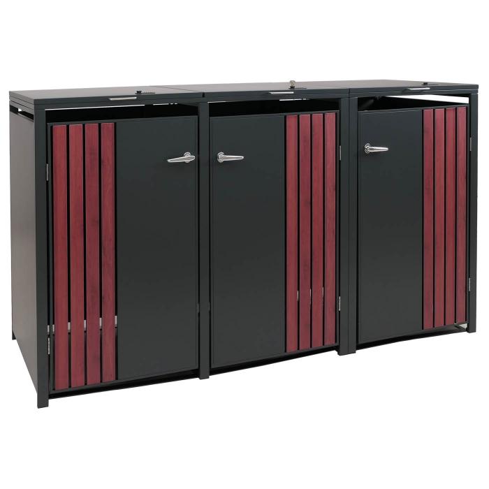 3er-Mlltonnenverkleidung HWC-O67, Mlltonnenbox mit Deckel, Metall 122x200x84cm 83kg ~ anthrazit Holzoptik dunkel