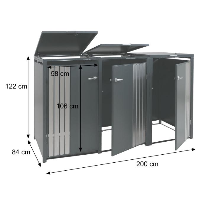 3er-Mlltonnenverkleidung HWC-O67, Mlltonnenbox mit Deckel, Metall 122x200x84cm 83kg ~ anthrazit