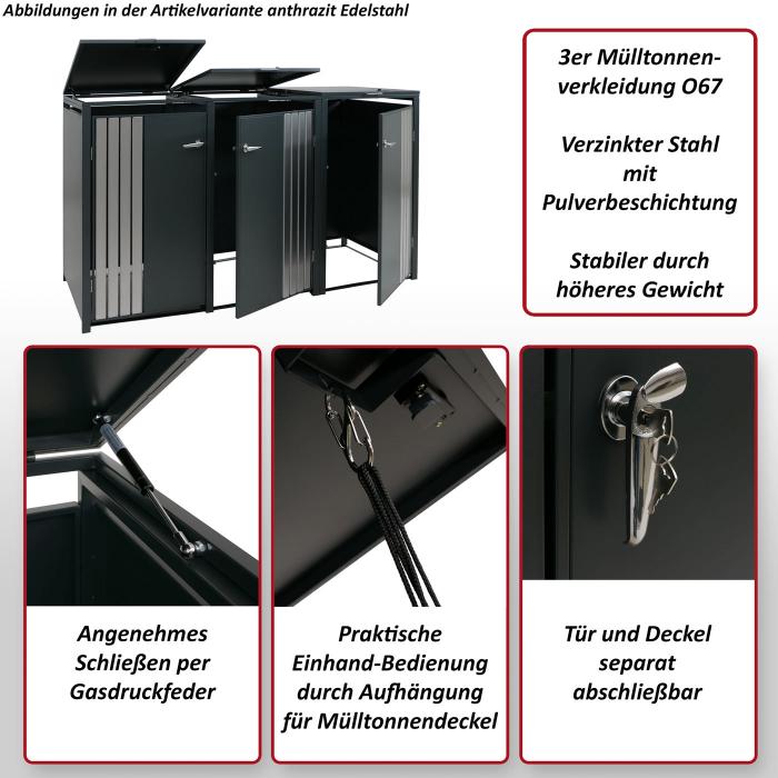3er-Mlltonnenverkleidung HWC-O67, Mlltonnenbox mit Deckel, Metall 122x200x84cm 83kg ~ anthrazit
