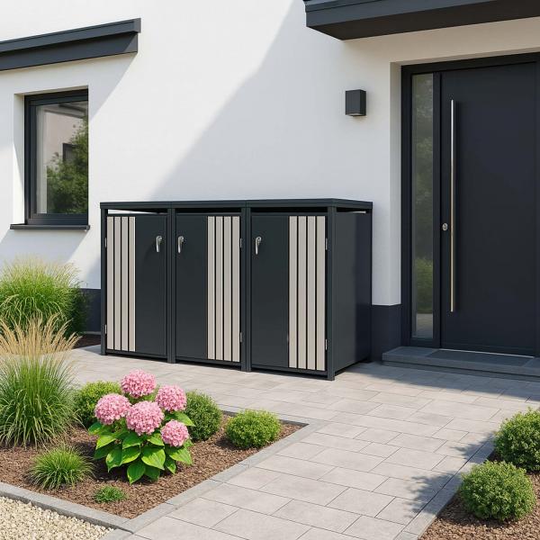 Stimmungsbild fr Produkt 3er-Mlltonnenverkleidung HWC-O67, Mlltonnenbox mit Deckel, Metall 122x200x84cm 83kg ~ anthrazit Edelstahl