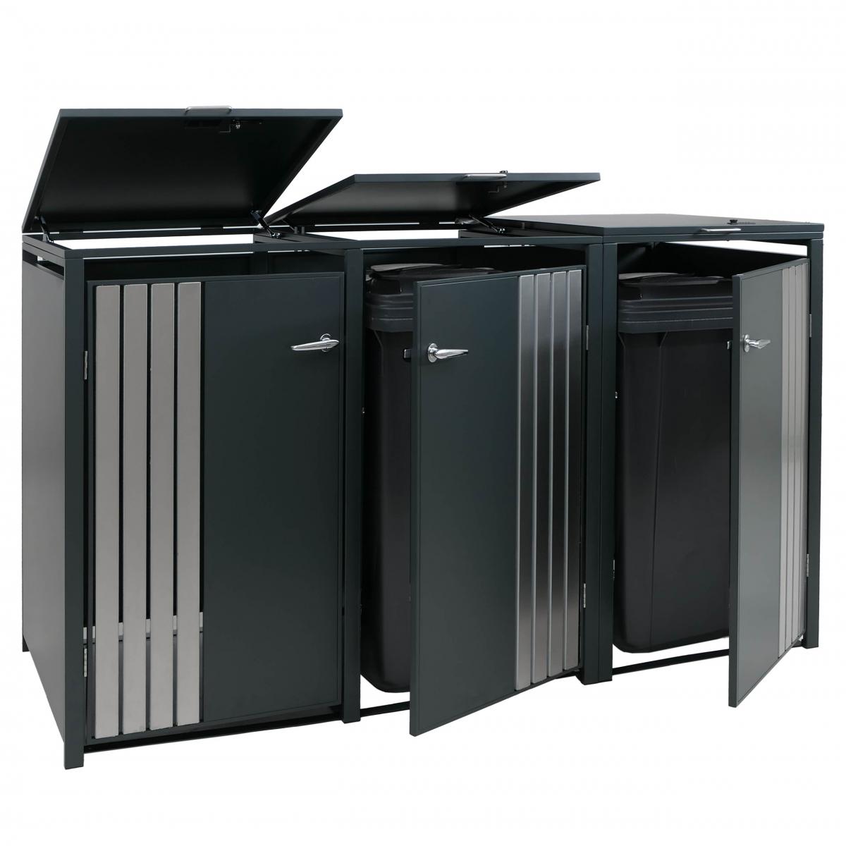 3er-Mlltonnenverkleidung HWC-O67, Mlltonnenbox mit Deckel, Metall 122x200x84cm 83kg ~ anthrazit Edelstahl