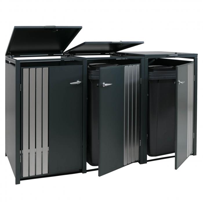 3er-Mlltonnenverkleidung HWC-O67, Mlltonnenbox mit Deckel, Metall 122x200x84cm 83kg ~ anthrazit Edelstahl