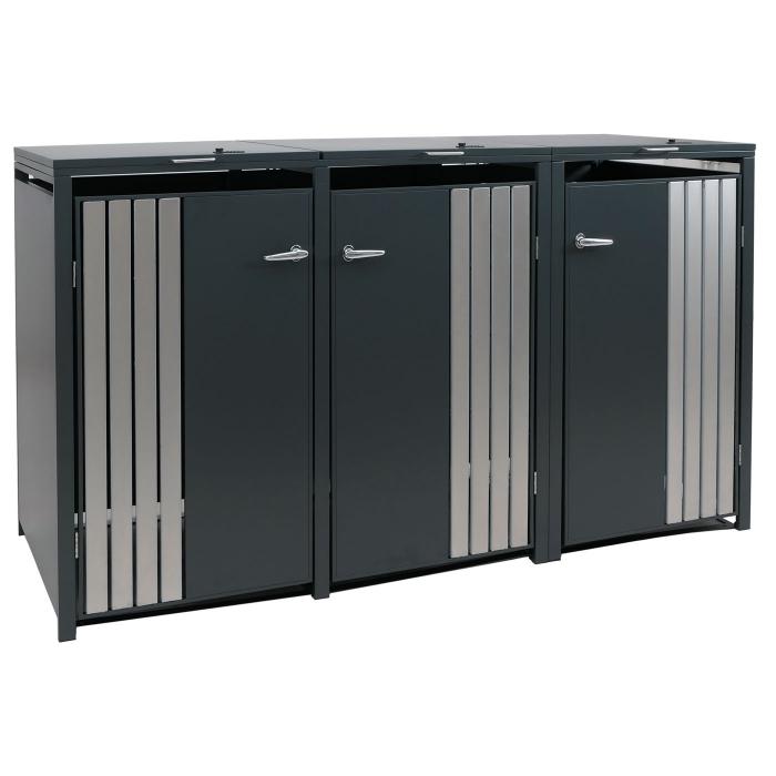 3er-Mlltonnenverkleidung HWC-O67, Mlltonnenbox mit Deckel, Metall 122x200x84cm 83kg ~ anthrazit Edelstahl