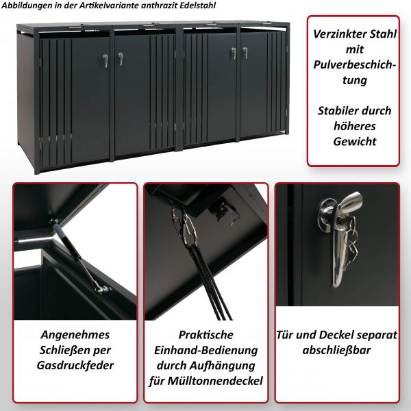 Foto mit wichtigsten Merkmalen des Produktes 4er-Mlltonnenverkleidung HWC-O67, Mlltonnenbox mit Deckel, Metall 122x250x84cm 104kg ~ anthrazit Holzoptik dunkel