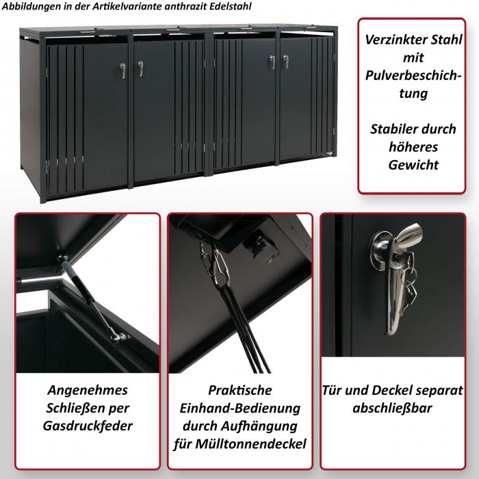 4er-Mlltonnenverkleidung HWC-O67, Mlltonnenbox mit Deckel, Metall 122x250x84cm 104kg ~ anthrazit Holzoptik dunkel
