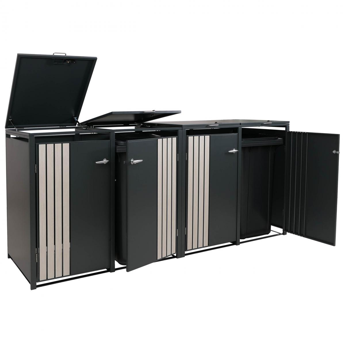 4er-Mlltonnenverkleidung HWC-O67, Mlltonnenbox mit Deckel, Metall 122x250x84cm 104kg ~ anthrazit Holzoptik hell