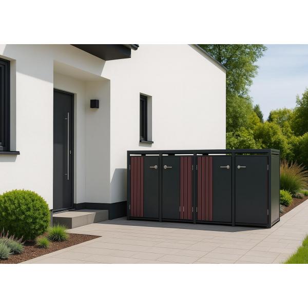 Stimmungsbild fr Produkt 4er-Mlltonnenverkleidung HWC-O67, Mlltonnenbox mit Deckel, Metall 122x250x84cm 104kg ~ anthrazit Holzoptik dunkel
