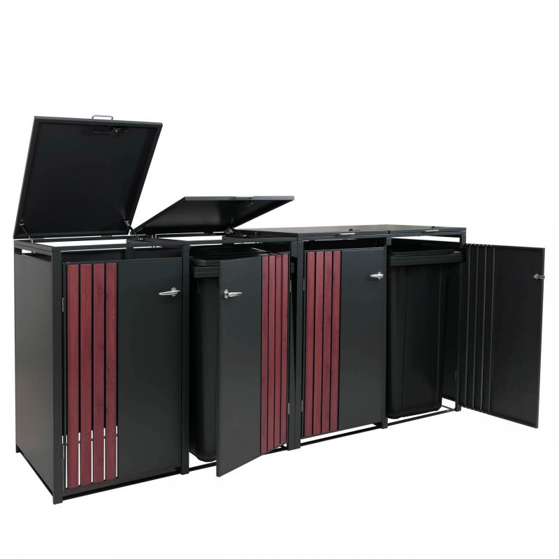 4er-Mlltonnenverkleidung HWC-O67, Mlltonnenbox mit Deckel, Metall 122x250x84cm 104kg ~ anthrazit Holzoptik dunkel