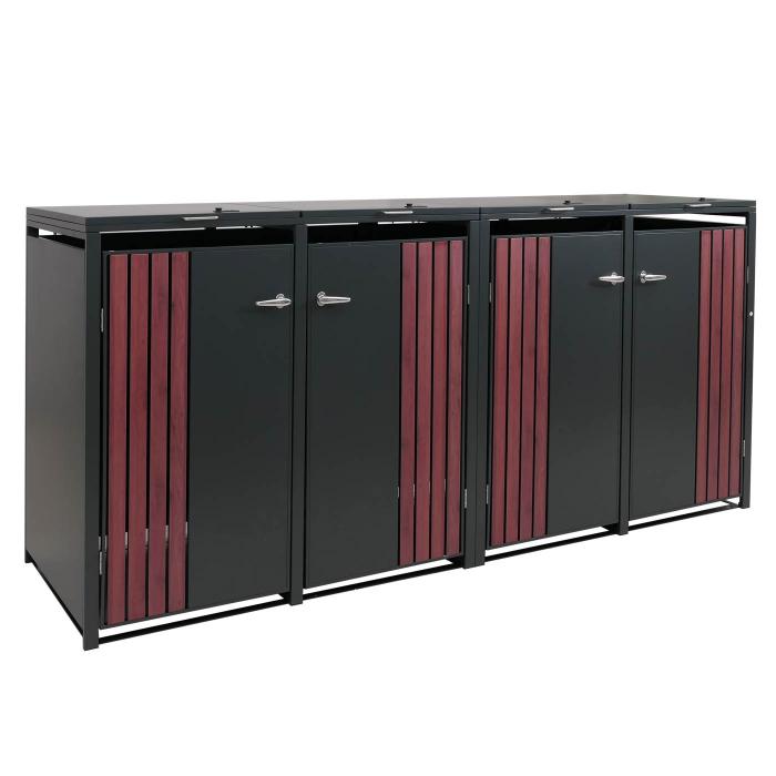 4er-Mlltonnenverkleidung HWC-O67, Mlltonnenbox mit Deckel, Metall 122x250x84cm 104kg ~ anthrazit Holzoptik dunkel