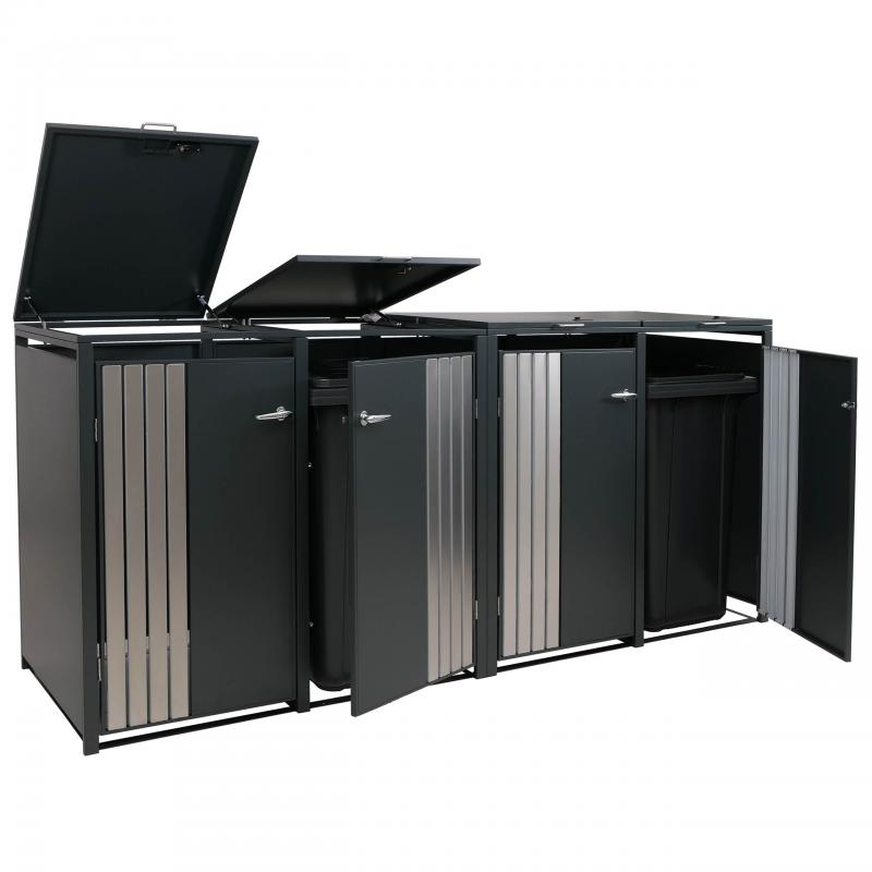 4er-Mlltonnenverkleidung HWC-O67, Mlltonnenbox mit Deckel, Metall 122x250x84cm 104kg ~ anthrazit Edelstahl