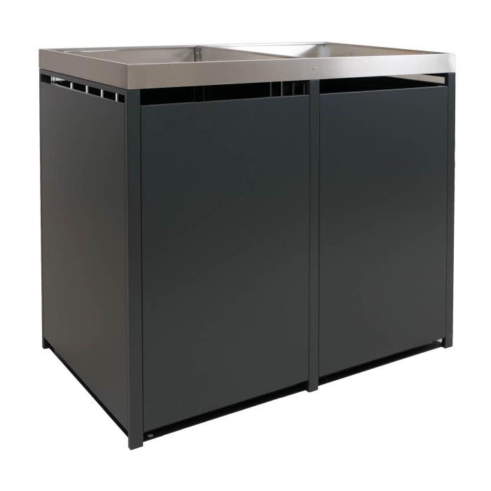 2er-Mlltonnenverkleidung HWC-O67, Mlltonnenbox mit Pflanzkasten, Metall 125x132x84cm 55kg ~ anthrazit Holzoptik dunkel