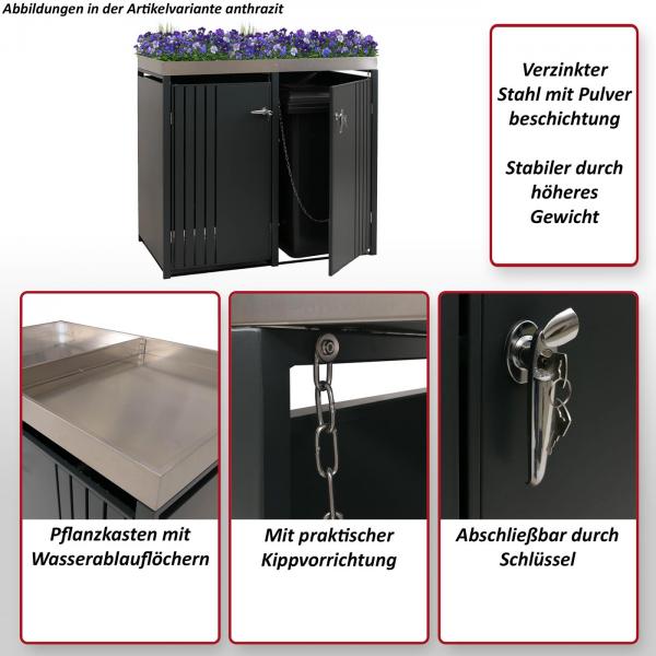 Foto mit wichtigsten Merkmalen des Produktes 2er-Mlltonnenverkleidung HWC-O67, Mlltonnenbox mit Pflanzkasten, Metall 125x132x84cm 55kg ~ anthrazit Holzoptik dunkel