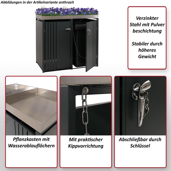 2er-Mlltonnenverkleidung HWC-O67, Mlltonnenbox mit Pflanzkasten, Metall 125x132x84cm 55kg ~ anthrazit Holzoptik dunkel