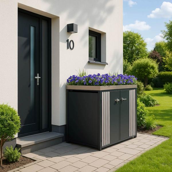 Stimmungsbild fr Produkt 2er-Mlltonnenverkleidung HWC-O67, Mlltonnenbox mit Pflanzkasten, Metall 125x132x84cm 55kg ~ anthrazit Holzoptik hell