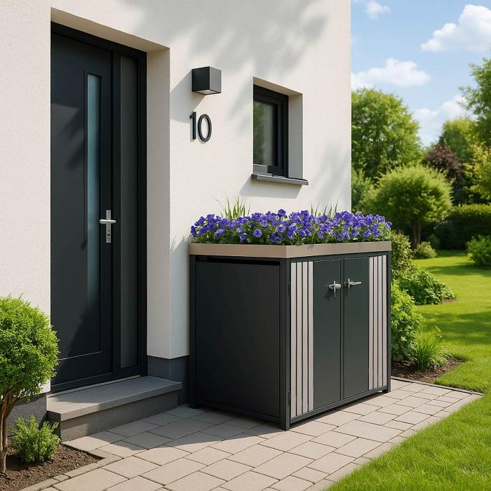 2er-Mlltonnenverkleidung HWC-O67, Mlltonnenbox mit Pflanzkasten, Metall 125x132x84cm 55kg ~ anthrazit Holzoptik hell