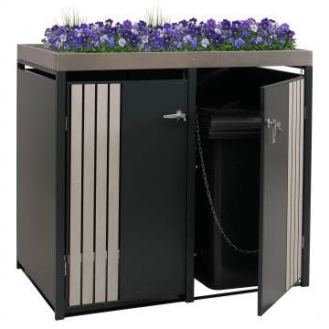 2er-Mlltonnenverkleidung HWC-O67, Mlltonnenbox mit Pflanzkasten, Metall 125x132x84cm 55kg ~ anthrazit Holzoptik hell