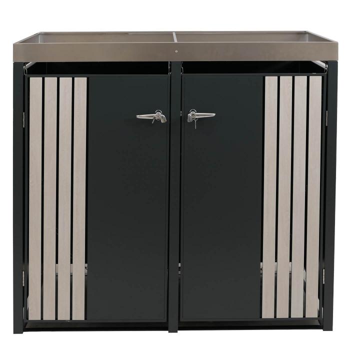 2er-Mlltonnenverkleidung HWC-O67, Mlltonnenbox mit Pflanzkasten, Metall 125x132x84cm 55kg ~ anthrazit Holzoptik hell