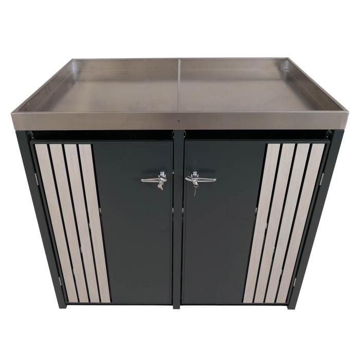 2er-Mlltonnenverkleidung HWC-O67, Mlltonnenbox mit Pflanzkasten, Metall 125x132x84cm 55kg ~ anthrazit Holzoptik hell