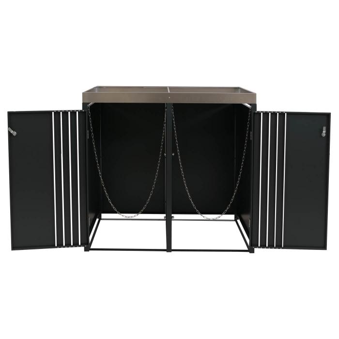 2er-Mlltonnenverkleidung HWC-O67, Mlltonnenbox mit Pflanzkasten, Metall 125x132x84cm 55kg ~ anthrazit Holzoptik dunkel