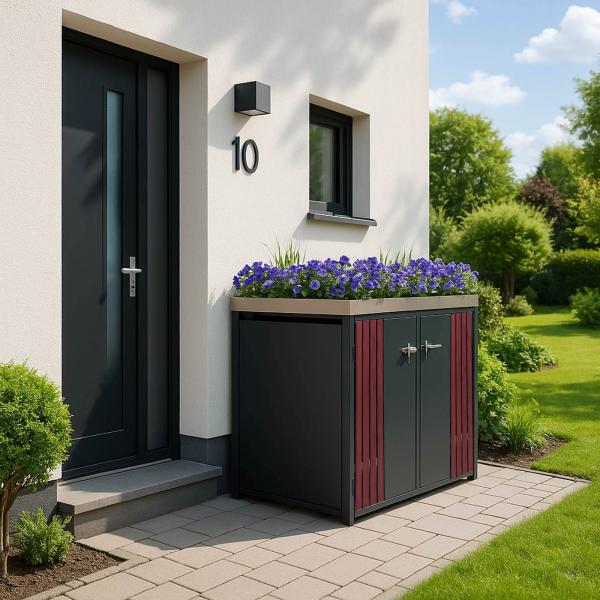 Stimmungsbild fr Produkt 2er-Mlltonnenverkleidung HWC-O67, Mlltonnenbox mit Pflanzkasten, Metall 125x132x84cm 55kg ~ anthrazit Holzoptik dunkel