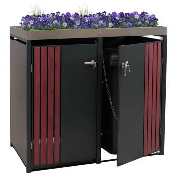 2er-Mlltonnenverkleidung HWC-O67, Mlltonnenbox mit Pflanzkasten, Metall 125x132x84cm 55kg ~ anthrazit Holzoptik dunkel