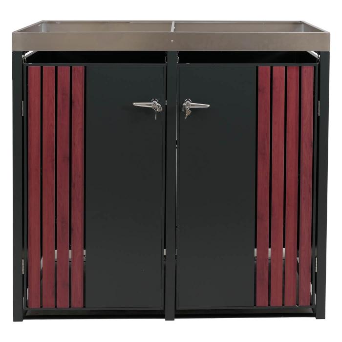 2er-Mlltonnenverkleidung HWC-O67, Mlltonnenbox mit Pflanzkasten, Metall 125x132x84cm 55kg ~ anthrazit Holzoptik dunkel