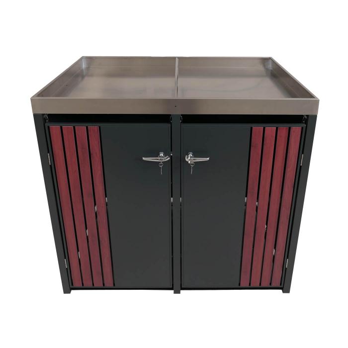2er-Mlltonnenverkleidung HWC-O67, Mlltonnenbox mit Pflanzkasten, Metall 125x132x84cm 55kg ~ anthrazit Holzoptik dunkel