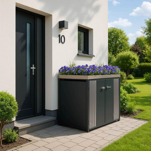 Stimmungsbild fr Produkt 2er-Mlltonnenverkleidung HWC-O67, Mlltonnenbox mit Pflanzkasten, Metall 125x132x84cm 55kg ~ anthrazit Edelstahl