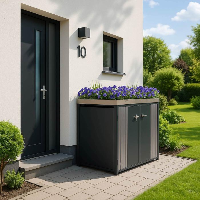 2er-Mlltonnenverkleidung HWC-O67, Mlltonnenbox mit Pflanzkasten, Metall 125x132x84cm 55kg ~ anthrazit Edelstahl