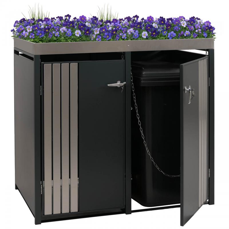 2er-Mlltonnenverkleidung HWC-O67, Mlltonnenbox mit Pflanzkasten, Metall 125x132x84cm 55kg ~ anthrazit Edelstahl