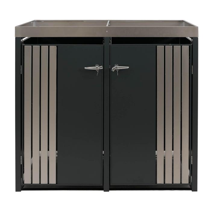 2er-Mlltonnenverkleidung HWC-O67, Mlltonnenbox mit Pflanzkasten, Metall 125x132x84cm 55kg ~ anthrazit Edelstahl