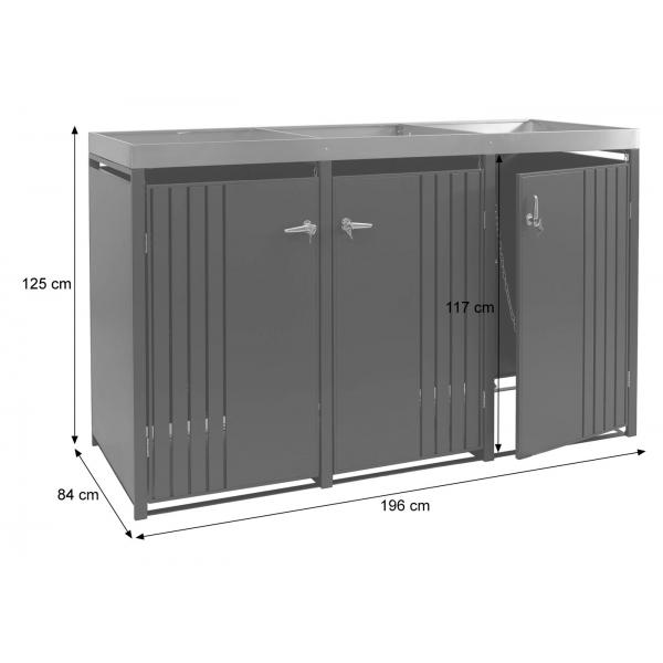 Bemaungsbild fr Produkt 3er-Mlltonnenverkleidung HWC-O67, Mlltonnenbox mit Pflanzkasten, Metall 125x196x84cm 75kg ~ anthrazit Holzoptik hell