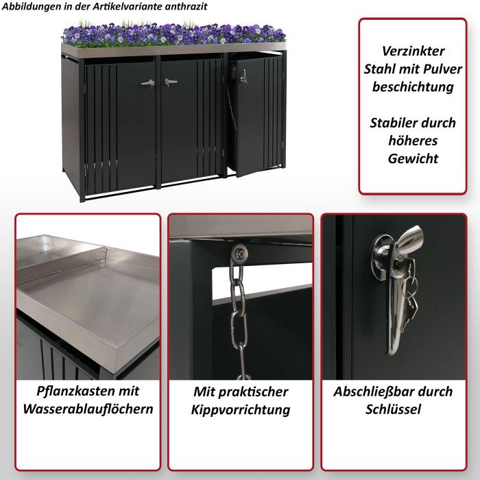 3er-Mlltonnenverkleidung HWC-O67, Mlltonnenbox mit Pflanzkasten, Metall 125x196x84cm 75kg ~ anthrazit Holzoptik hell