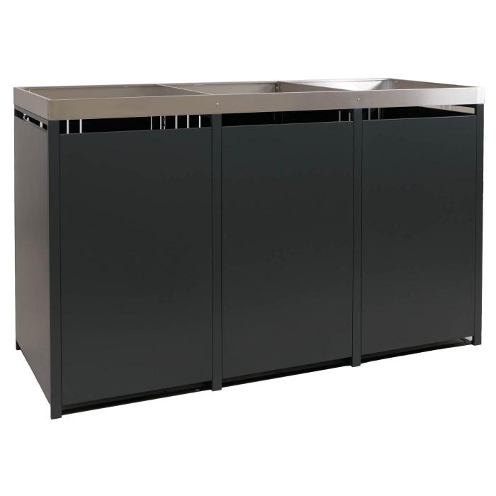 3er-Mlltonnenverkleidung HWC-O67, Mlltonnenbox mit Pflanzkasten, Metall 125x196x84cm 75kg ~ anthrazit Holzoptik hell