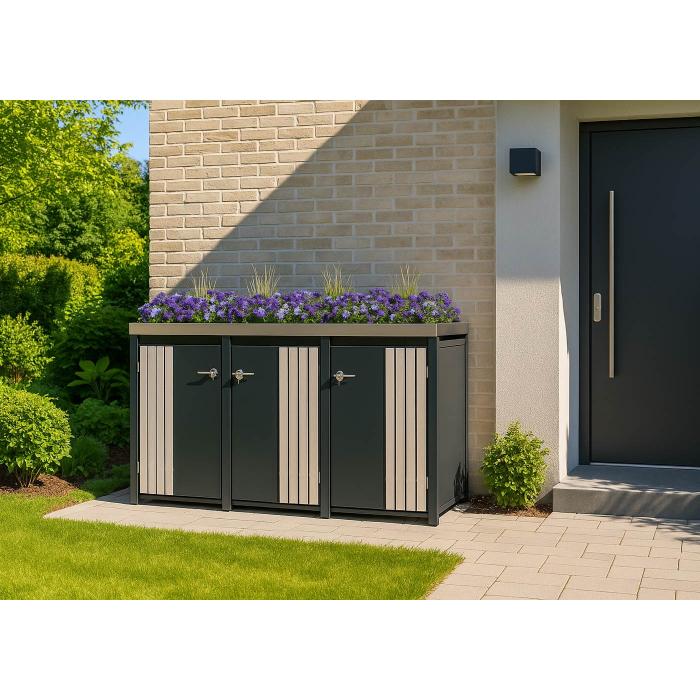 3er-Mlltonnenverkleidung HWC-O67, Mlltonnenbox mit Pflanzkasten, Metall 125x196x84cm 75kg ~ anthrazit Holzoptik hell