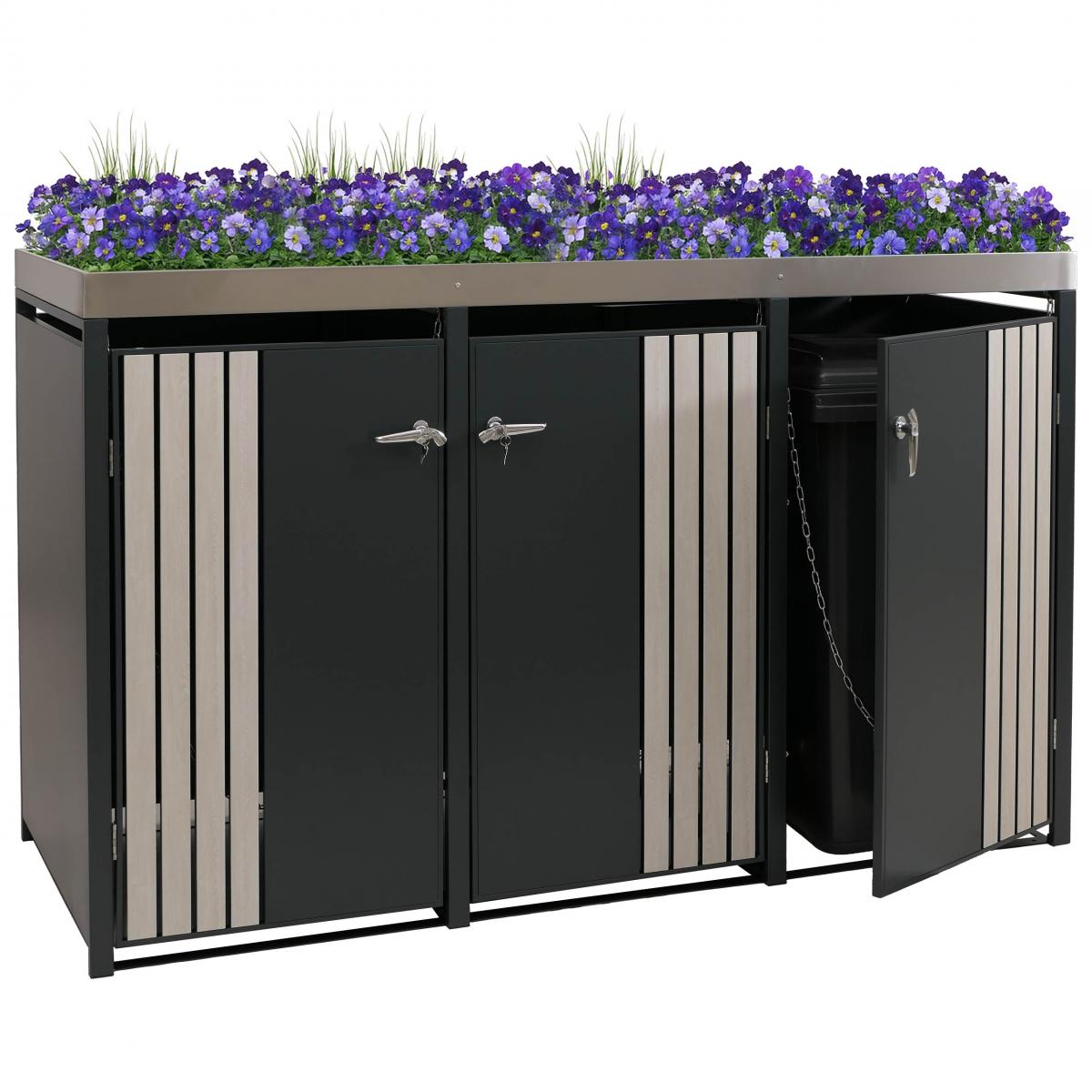 3er-Mlltonnenverkleidung HWC-O67, Mlltonnenbox mit Pflanzkasten, Metall 125x196x84cm 75kg ~ anthrazit Holzoptik hell