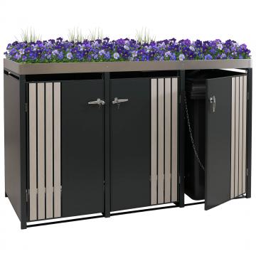 3er-Mlltonnenverkleidung HWC-O67, Mlltonnenbox mit Pflanzkasten, Metall 125x196x84cm 75kg ~ anthrazit Holzoptik hell