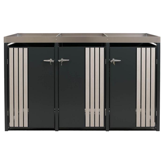 3er-Mlltonnenverkleidung HWC-O67, Mlltonnenbox mit Pflanzkasten, Metall 125x196x84cm 75kg ~ anthrazit Holzoptik hell