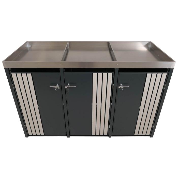 3er-Mlltonnenverkleidung HWC-O67, Mlltonnenbox mit Pflanzkasten, Metall 125x196x84cm 75kg ~ anthrazit Holzoptik hell